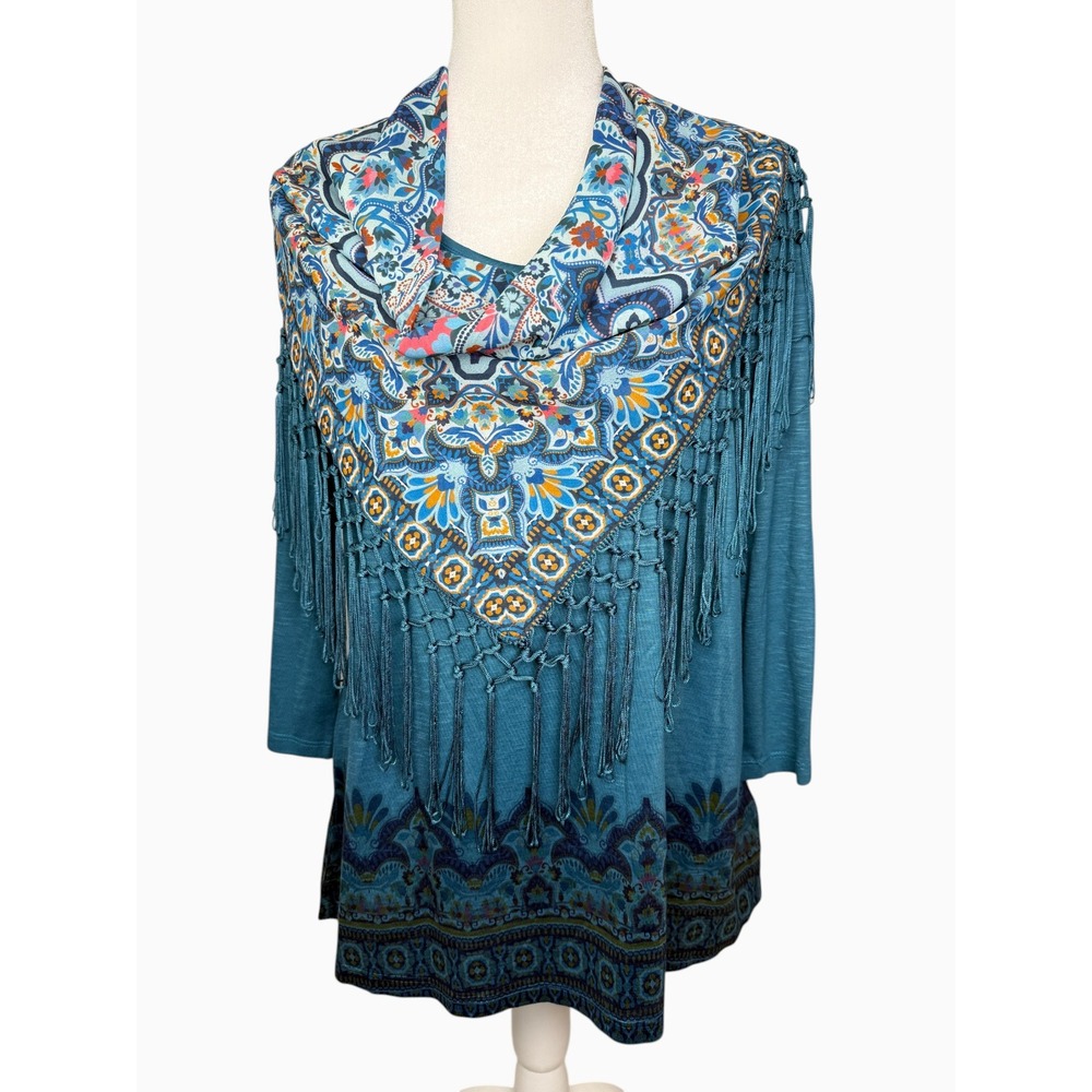 One World Live and Let Live Womens PM Teal Paisley Scarf Fringe Boho Tunic Shirt